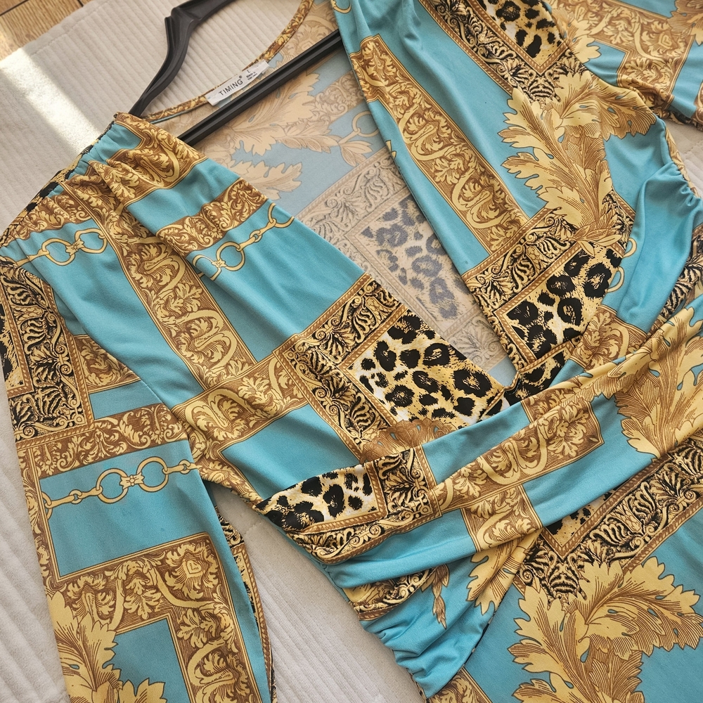 Elegant Gold and Teal Patterned Dress
